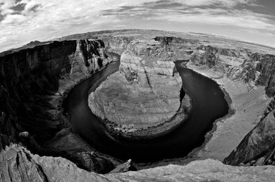 High angle view of rock formations against sky