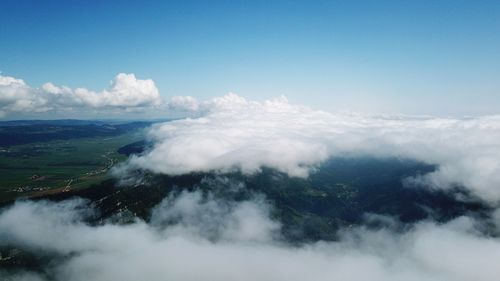 Aerial view of clouds over landscape against sky