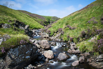 Scenic view of river by mountains against sky