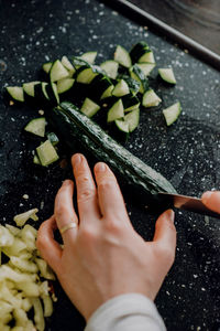 High angle view of person preparing food