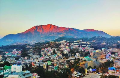 High angle view of townscape against sky during sunset