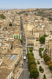 Aerial landscape of scicli with beautiful historic buildings in the baroque style