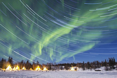 Aerial view of illuminated trees against sky at night during winter