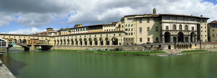 Bridge over river against buildings in city