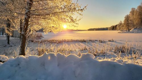 Scenic view of snow covered field against sky during sunset