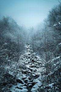 Scenic view of snow covered land against sky