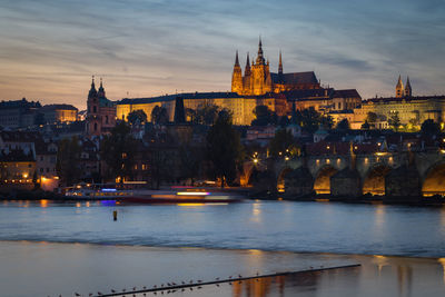 Panoramic cityscape of prague castle and charles bridge at sunset