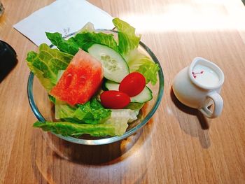 High angle view of salad in bowl on table