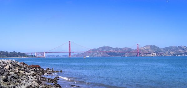 View of suspension bridge over river