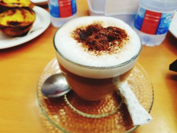 Close-up of cappuccino served on table