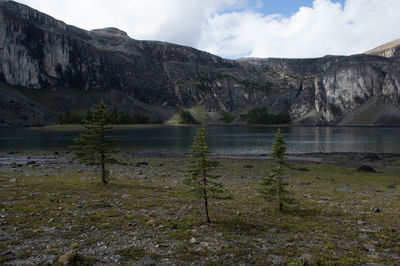 Scenic view of lake against cloudy sky