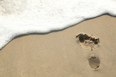 High angle view of footprints on beach