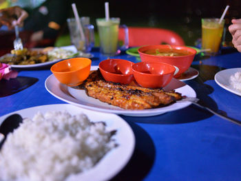 Close-up of breakfast served on table