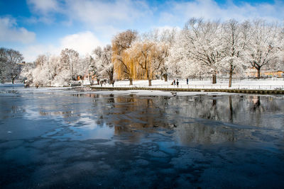 Frozen lake by snow covered bare trees at park