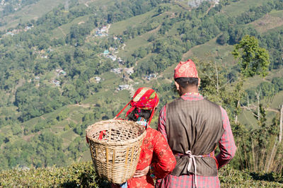 Rear view of couple standing on mountain