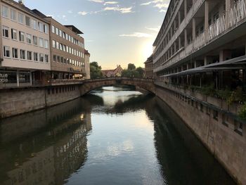 Bridge over canal amidst buildings against sky during sunset