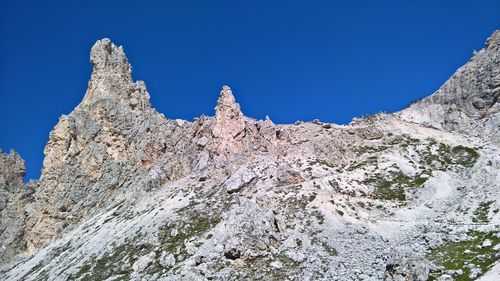 Low angle view of rocky mountains against clear blue sky