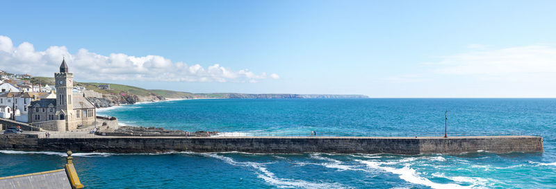 View of porthleven church and pier, cornwall, uk