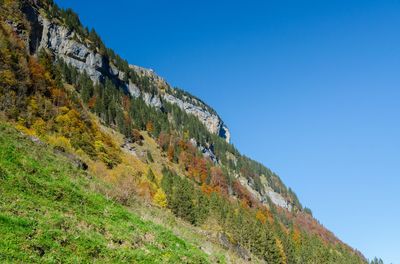 Low angle view of mountain against clear blue sky