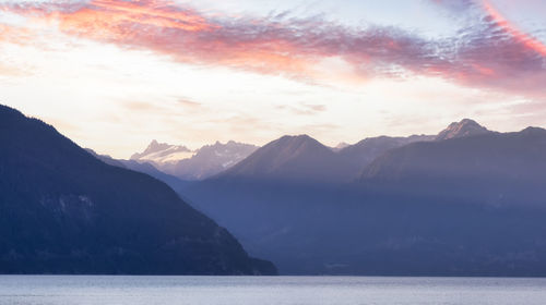 Scenic view of lake and mountains against sky during sunset