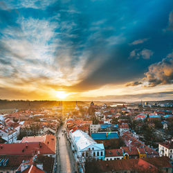High angle view of townscape against sky during sunset