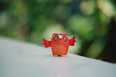 Close-up of red toy on leaf