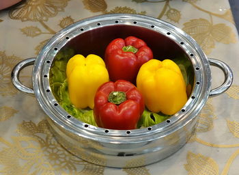 High angle view of fruits in container on table
