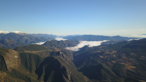 Scenic view of mountains against clear blue sky