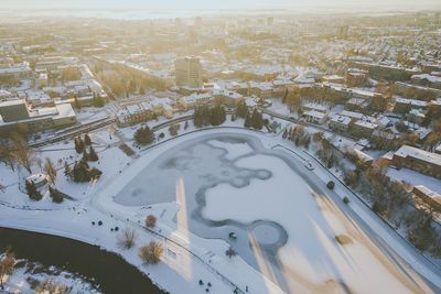 High angle view of cityscape in winter