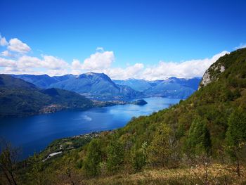 Scenic view of lake and mountains against blue sky