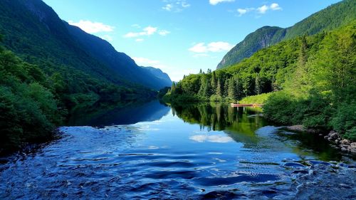 Scenic view of river amidst mountains against sky