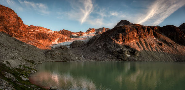 Panoramic view of lake and mountains against sky