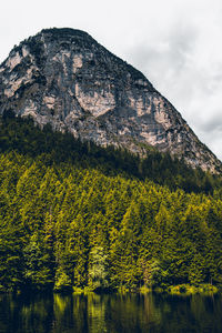 Scenic view of lake by mountain against sky