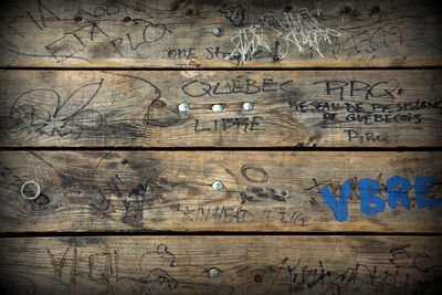 Close-up of text on hardwood floor