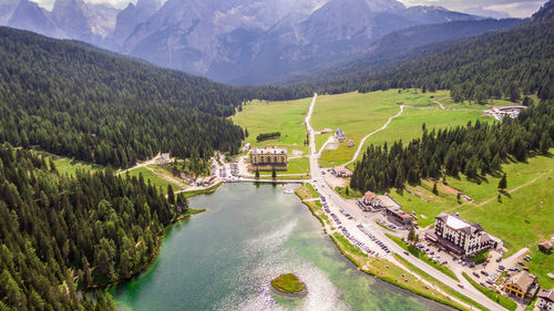 High angle view of river amidst mountains