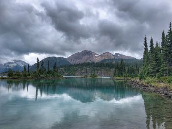 Scenic view of lake and mountains against sky