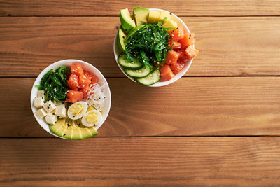 High angle view of fruit salad in bowl on table