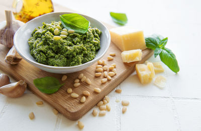 Fresh made pesto sauce. green basil pesto. ingredient for pesto sauce 