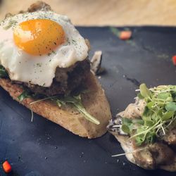 High angle view of food served in slate