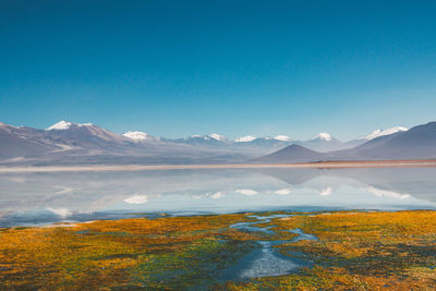 Scenic view of lake and mountains against clear blue sky during winter