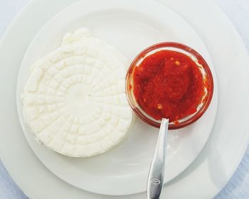 High angle view of dessert served on table