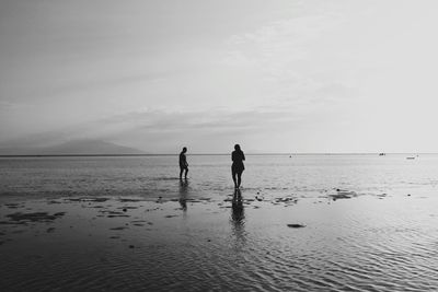 Rear view of people on beach against sky