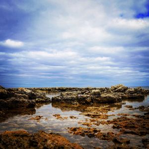 Rocks on beach against sky