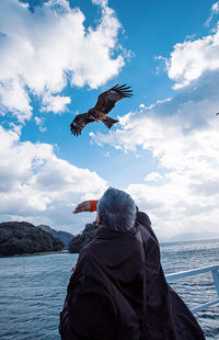 Rear view of seagull flying over sea against sky