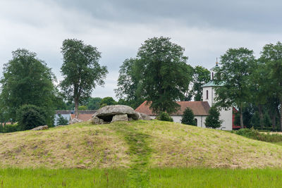 Houses by trees on field against sky