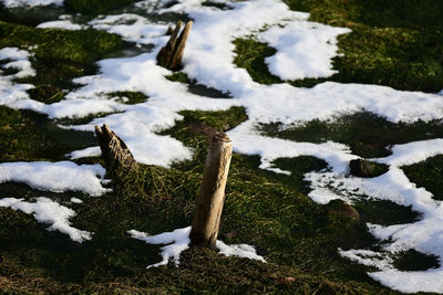 High angle view of snow covered land