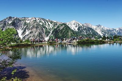 Scenic view of lake and mountains against clear blue sky