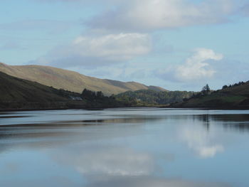 Scenic view of lake and mountains against sky