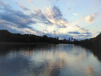 Scenic view of lake against sky at sunset