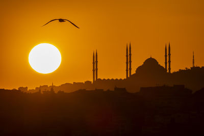 Silhouette birds flying against orange sky